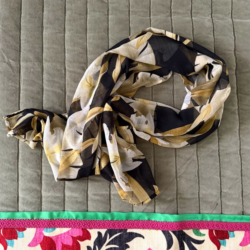 Women's Black and Gold Floral Scarf by Sessa euc